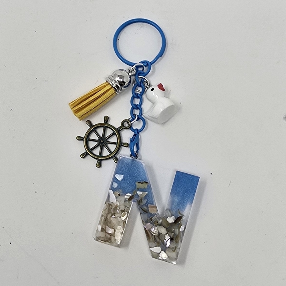Handmade resin beach themed letter N keychain‎